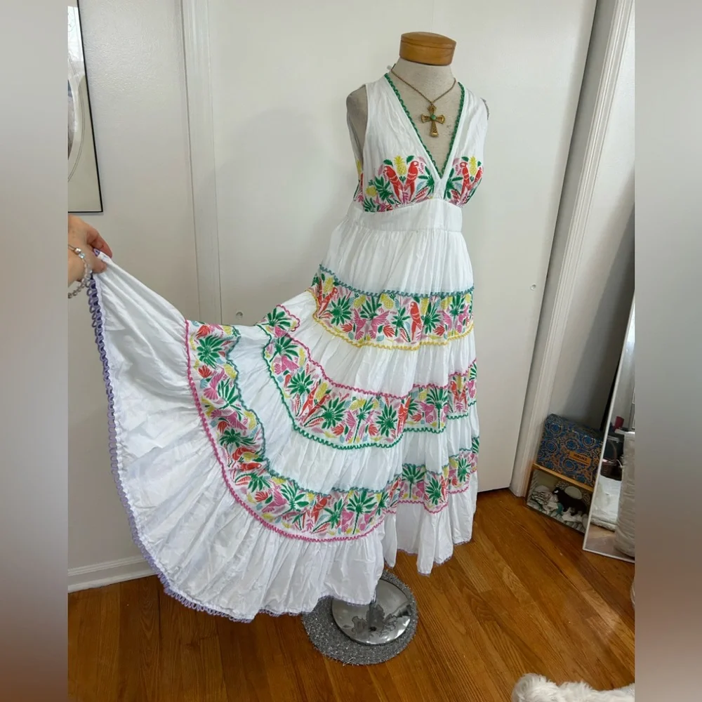 BODEN SERENA COTTON TIE FULL CIRCLE MAXI DRESS MULTI TROPICAL LOVE BIRDS PARROTS - Picture 3 of 13